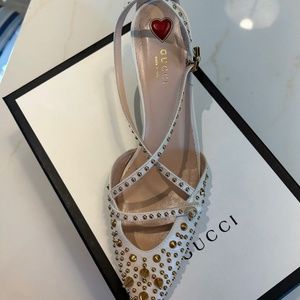 Gucci Mystic White Malaga Kid heeled sandal.